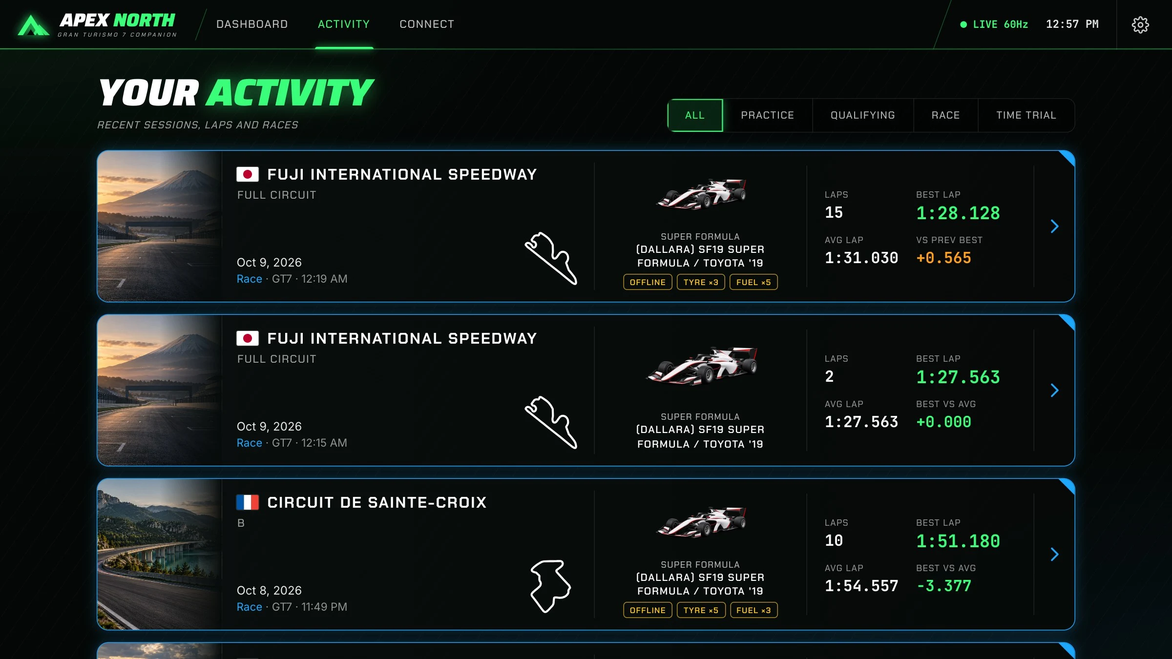 Apex North activity feed showing saved GT7 sessions, track previews and car details