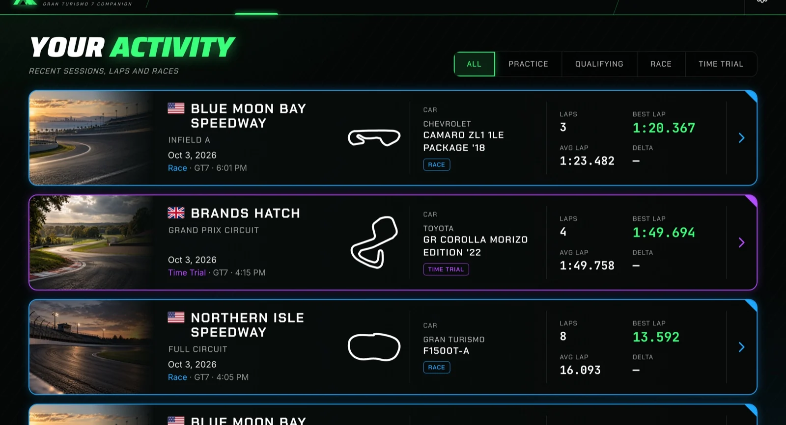 Apex North Activity view with GT7 sessions at Blue Moon Bay, Brands Hatch and Northern Isle, including car names and lap statistics.