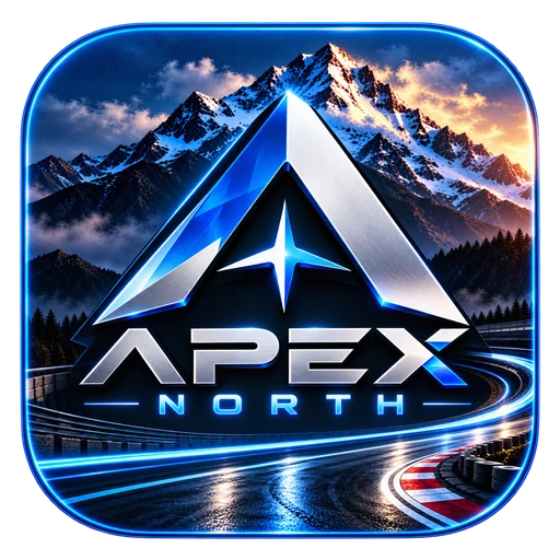 Apex North app icon with a metallic A, mountain backdrop and blue racing circuit.